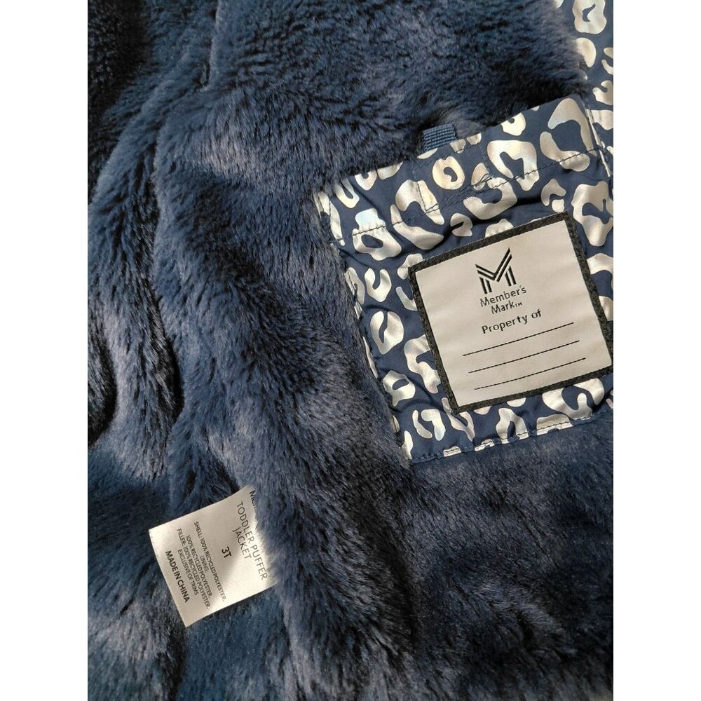 Members Mark Toddler Puffer Jacket 3T Navy Leopard Print Faux Fur Hood Winter - Picture 6 of 9